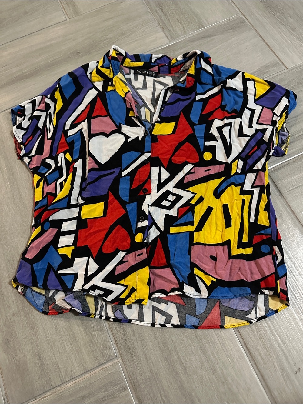 Abstract Print Short Sleeve Button Front Top - Multicolor